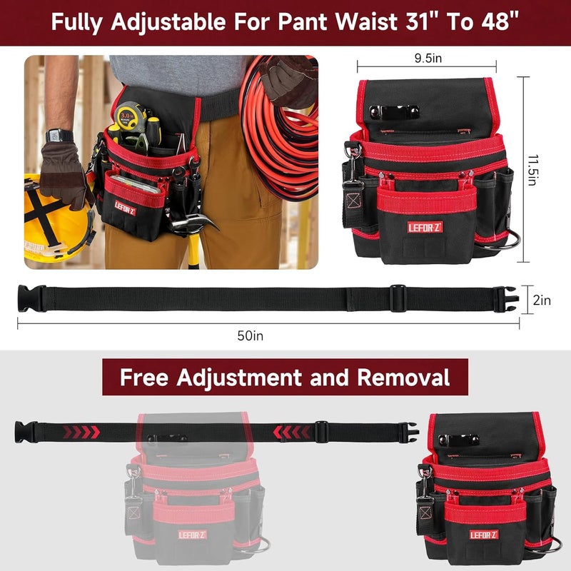 LEFORZ Tool Belt,Magnetic Tool Pouch,14-Pockets Tool Belts for Men,Detachable & Adjustable Tool Pouch Belt for Electrician,Carpenter,Construction,Work Apron,Utility Belt,Black-Red - Image 2